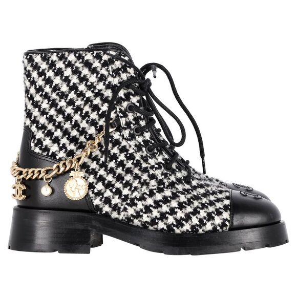 Chanel Interlocking CC Logo Tweed Patterned Combat Boots in Black and White - Picture 1 of 12